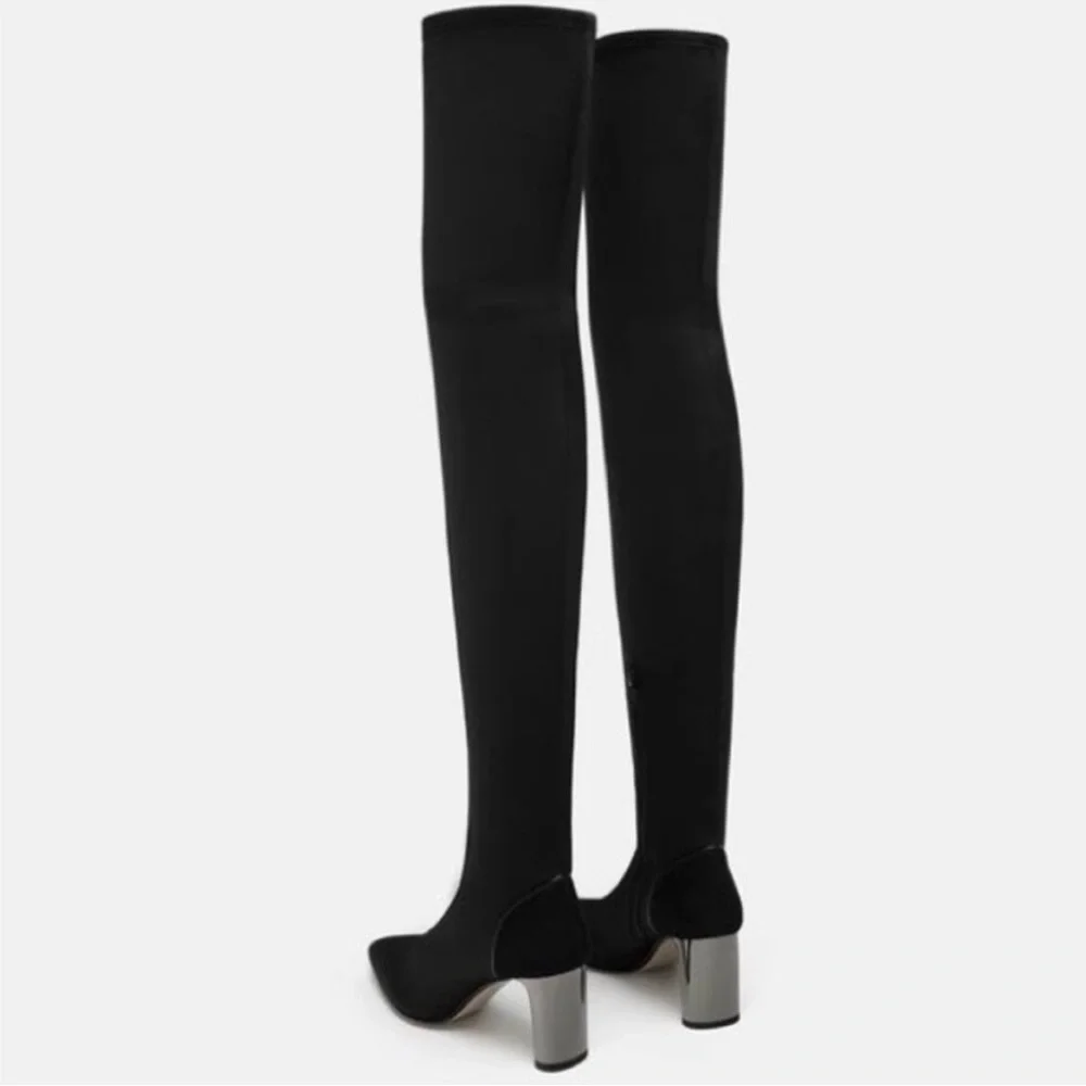 ZARA Over the Knee Stretch Black Boots Silver Heel Size 8 Thigh High Neoprene